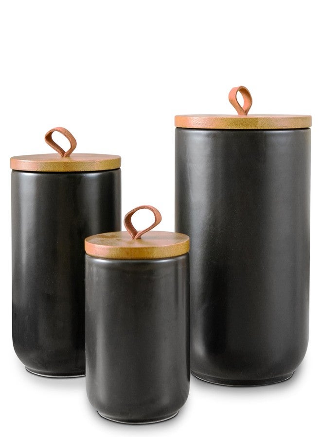 Tenforie Black Canister Sets for Kitchen, 3pcs Ceramic Canisters with Airtight Wooden Lid, Food Storage Jar, Large Kitchen Storage Containers for Serving Coffee Beans, Tea, Sugar, Salt, Spices - Image 1